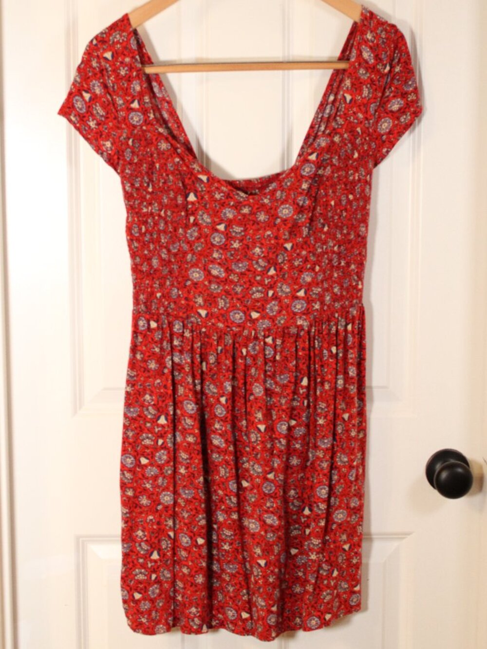 Abercrombie & Fitch Red Floral Paisley Mini Dress L 2010's boho